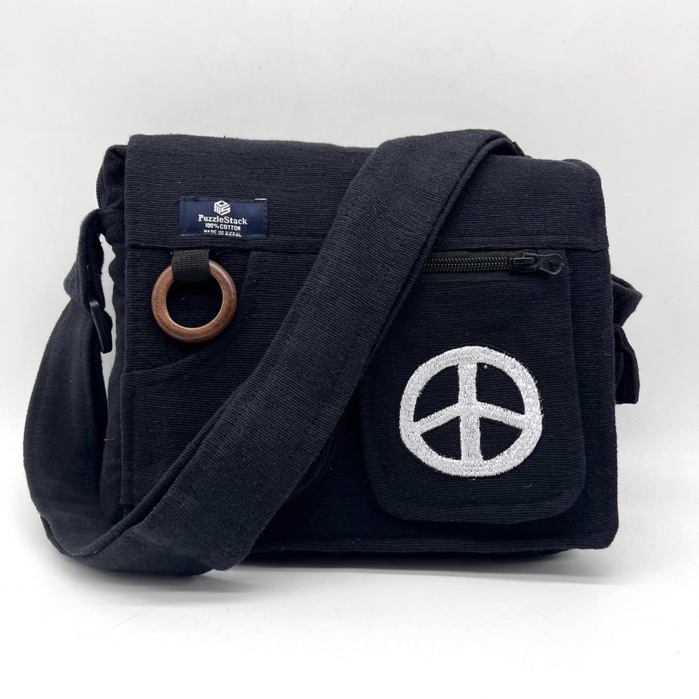 Lukla Black Messenger Bag with Peace Sign Embroidery